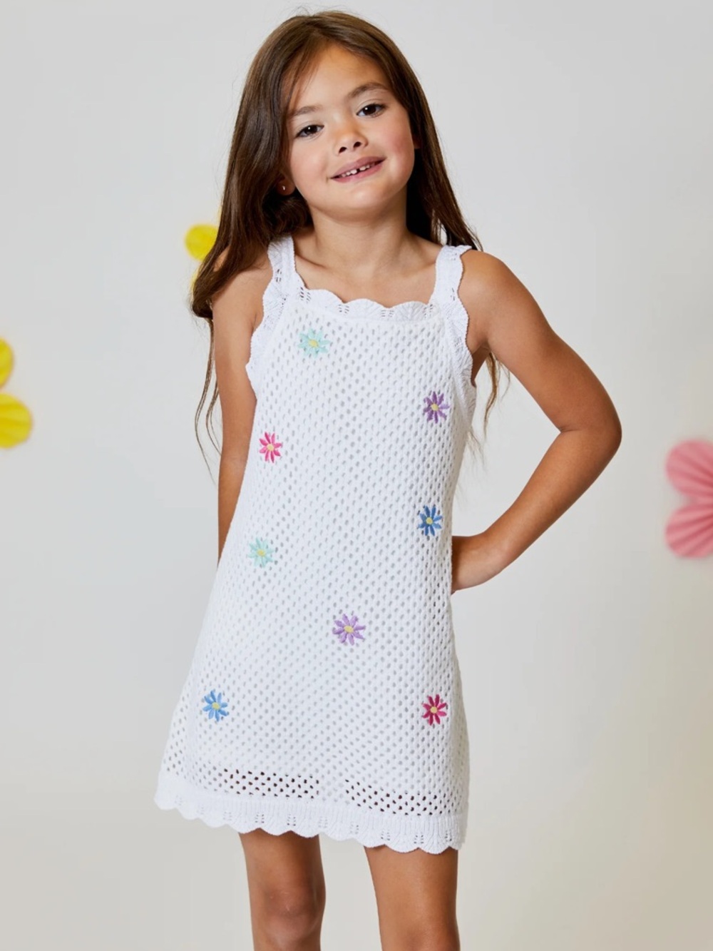 White Crochet Floral Appliqué Kids Dress